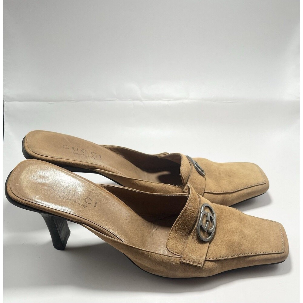 GUCCI Mules Tan Suede Kitten Heels GG Logo Slip On Vintage TOM FORD Era Sz 37 7 - Picture 2 of 16